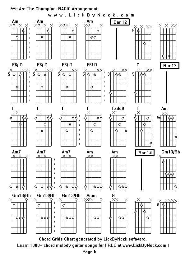 Chord Grids Chart of chord melody fingerstyle guitar song-We Are The Champion- BASIC Arrangement,generated by LickByNeck software.